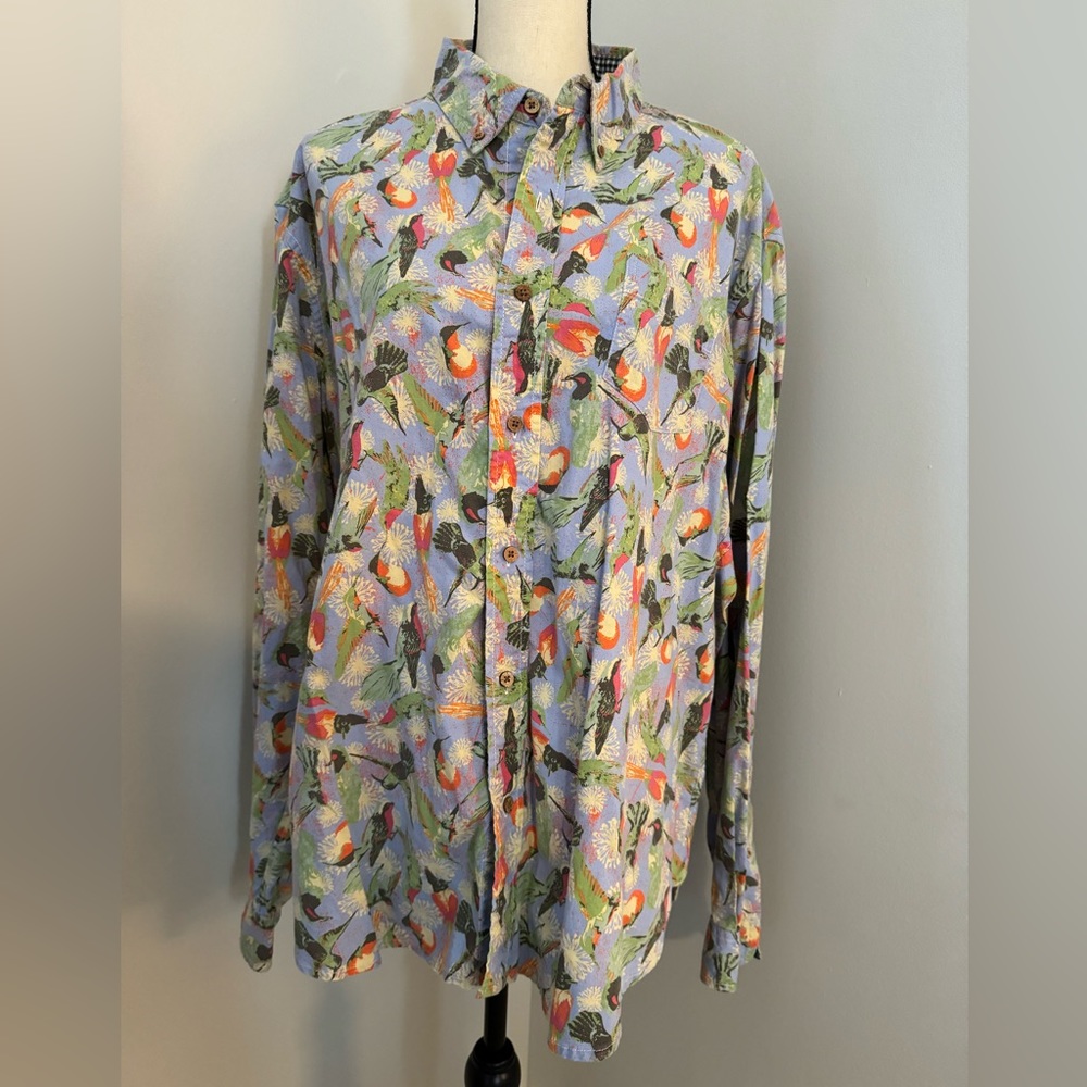 Flusser Vintage colorful bird hummingbird print XXL men’s button up shirt
